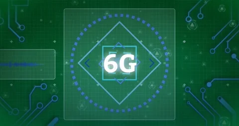 Digital animation of 6g text against microprocessor connections on black Stockbeeldmateriaal 325484665