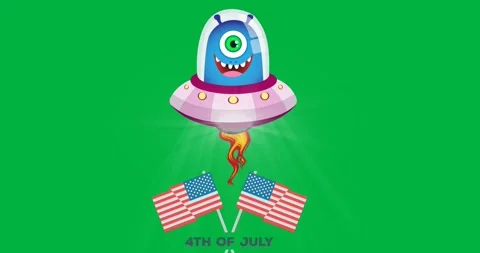 Digital animation of alien in spaceship icon over independence day text against Stock Footage 325484931
