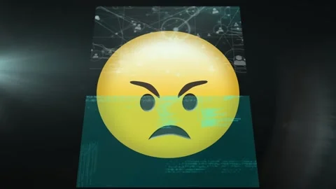 Digital animation of angry face emoji over multiple screens with data processing Stock Footage 328460149