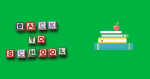Digital animation of back to school text on blocks and stack of books icons 動画素材 325645743