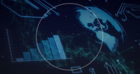 Digital animation of bar graph and world map in futuristic data visualization Stock Footage 303675823