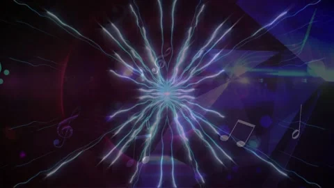 Digital animation of blue digital waves and musical elements floating against Stock Footage 196174240