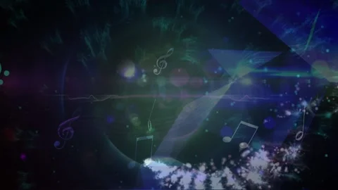 Digital animation of blue digital waves and musical elements floating against Stock Footage 196174300