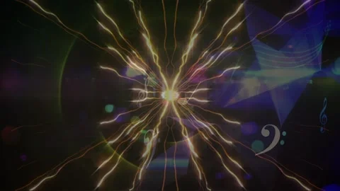 Digital animation of blue digital waves and musical elements floating against Stock Footage 316580873