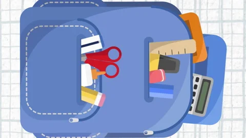 Digital animation of blue school bag icon moving against squared lined paper in Stock Footage 312389828