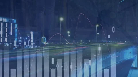 A digital animation of a clock ticking over various financial charts against a Stock Footage 329923020