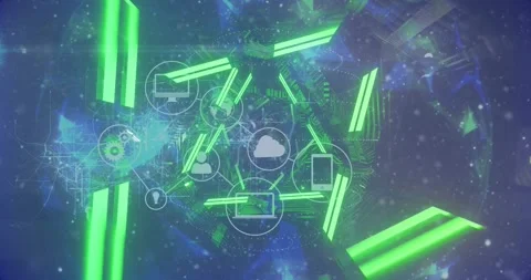 Digital animation of cloud computing icons on neon green and blue background Stock Footage 326193042