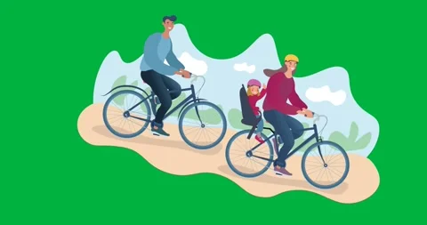 Digital animation of couple with their kid riding a bicycle icon against black Stock Footage 325645886