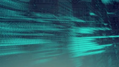 Digital animation of data processing against microprocessor connections on blue Video stock 172334311