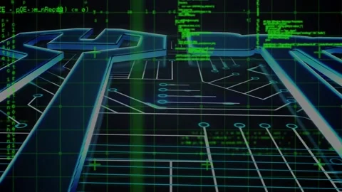 Digital animation of data processing against microprocessor connections on blue Video stock 172334320
