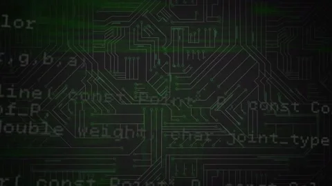 Digital animation of data processing against microprocessor connections on black Video stock 172334321