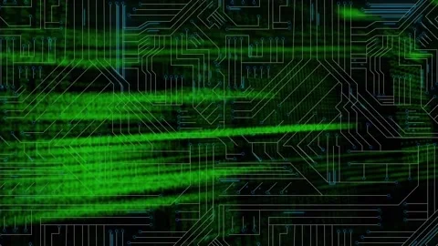 Digital animation of data processing against microprocessor connections on black Video stock 172334331