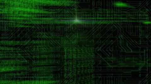 Digital animation of data processing against microprocessor connections on black Video stock 172334341