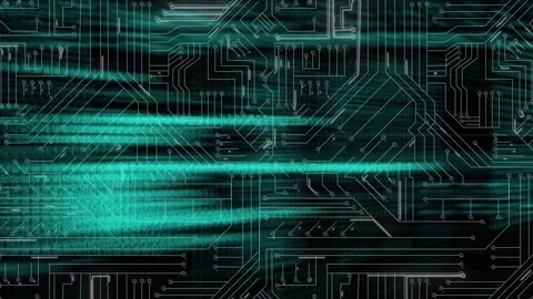 Digital animation of data processing against microprocessor connections on black Video stock 172334352