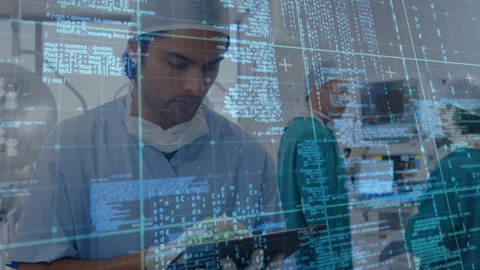 Digital animation of data processing over grid lines against male medical Stock-Footage 143957356