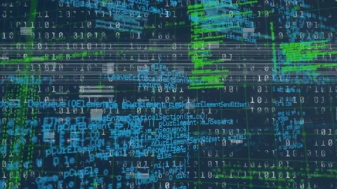 Digital animation of data processing over grid network against binary coding on Stock Footage 157683126