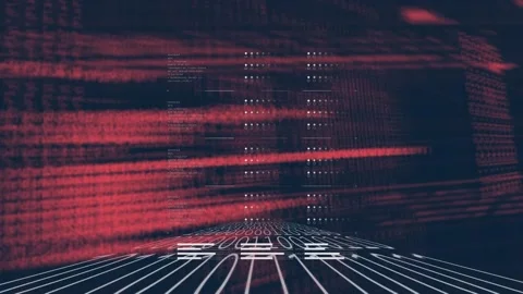Digital animation of data processing over grid network against binary coding on Stock Footage 157683179
