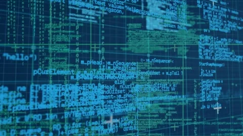 Digital animation of data processing over grid network on blue background Stock Footage 330255201