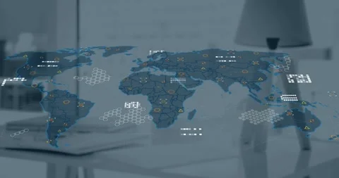 A digital animation of data processing taking place on a world map Stock Footage 329988989