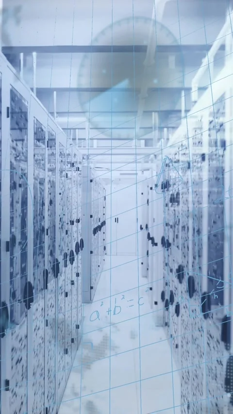 Digital animation depicts data flow on a world map in a server room. Vídeos de archivo 322034582