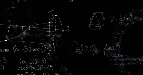 The digital animation depicts various mathematics problems being worked out on a Stock Footage 327007904