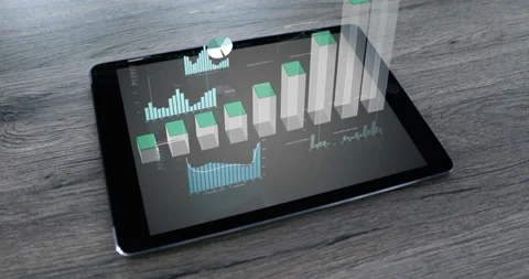 Digital animation of diagrams, graphs, numbers and evaluations appear on a table Stock Footage 149922260