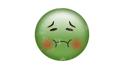 Digital animation of digital icons falling over puking face emoji against white Stock-Footage 157679725