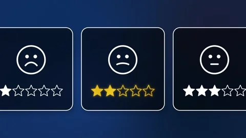 Digital animation of disappointed customer selecting two yellow stars out of  Видео 327720212