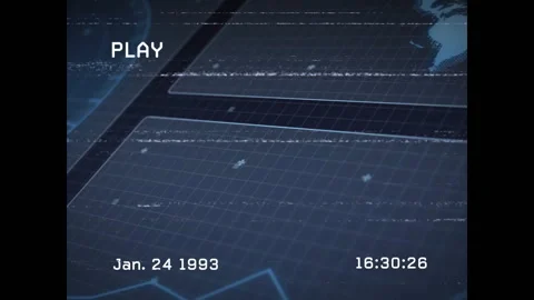 Digital animation displaying date, time, and play status with grid and data Stock Footage 304015556