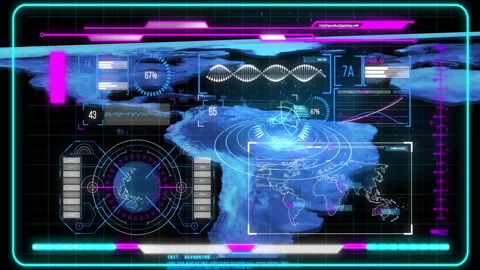 Digital animation displaying global data and analytics over world map interface Stock Footage 305731118