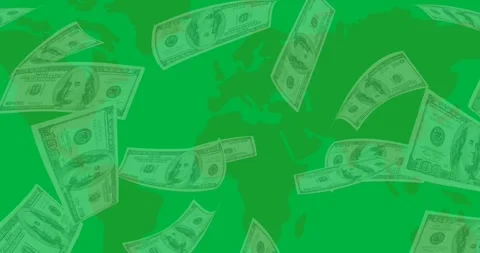 Digital animation of dollar bills falling over world map against transparent Stock Footage 347296871