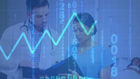 Digital animation of financial data processing and binary coding against male Stock Footage 143957195