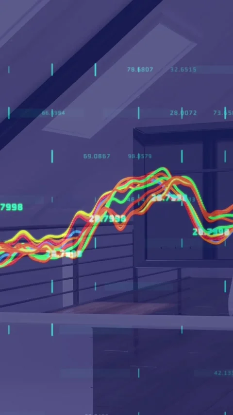 Digital animation of financial data processing against 3d model of office in Stock Footage 331630684