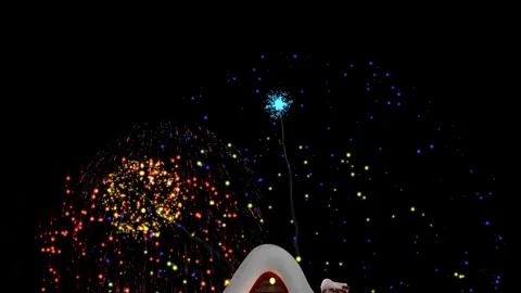 Digital animation of fireworks exploding over house covered with snow on winter Stock Footage 142609138