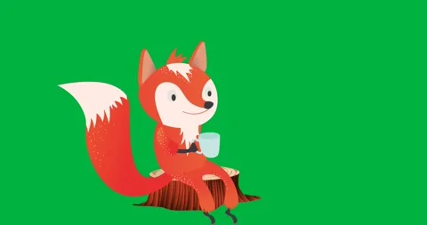 Digital animation of fox drinking coffee sitting on a tree trunk icon against Stock Footage 318862670