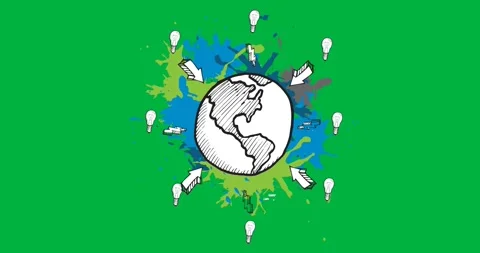 Digital animation of globe and bulb icons over paint splash against black Stock Footage 318638507