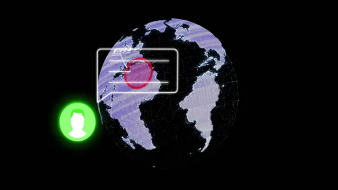 Digital animation of globe with data overlay and green user icon on black Video stock 305731108