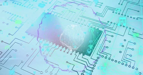 Digital animation of globe of digital icons spinning against microprocessor Stock Footage 147871084