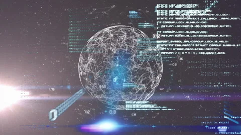 Digital animation of globe with network connections and coding text in Stock Footage 304853309