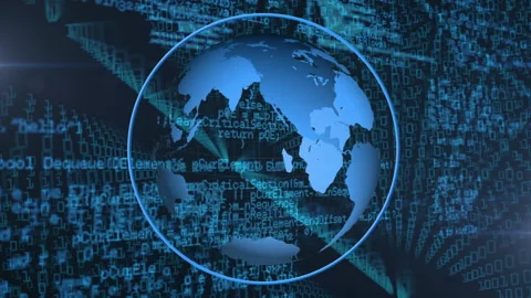 Digital animation of globe spinning against binary coding data processing on Stock Footage 147870900