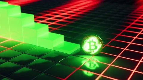 Digital animation of a glowing bitcoin coin rolling down a staircase graph Stock Footage 334043378