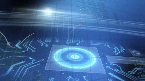 Digital animation with glowing blue circuits and data processing elements Stock Footage 303420987