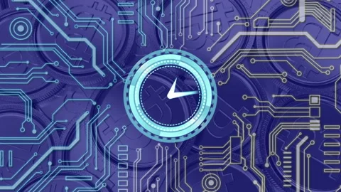 Digital animation of glowing clock ticking and microprocessor connections Stock Footage 142198691