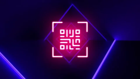 Digital animation of glowing neon pink qr code against glowing neon blue tunnel Stock Footage 330775157