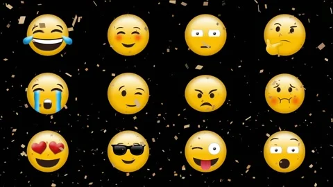 Digital animation of golden confetti falling over multiple face emojis against Stock Footage 328301895