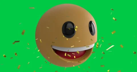 Digital animation of golden confetti falling over smiling face emoji against Stock Footage 329857120