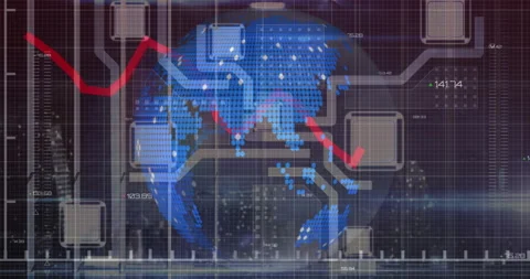 Digital animation of graphs moving and data processing against microprocessor Vídeo Stock 147870991