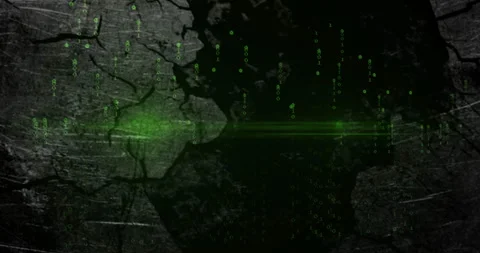Digital animation of green code and light beam over dark textured background Stock Footage 304761370