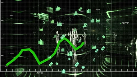 Digital animation of green graph moving against network of finance icons on Video stock 146566383