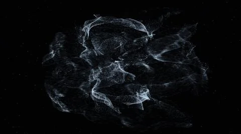 Digital animation of grey moving particles forming the Skype app icon on black Stock Illustration